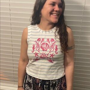 Maeve White and Pink Embroidered Tank Top